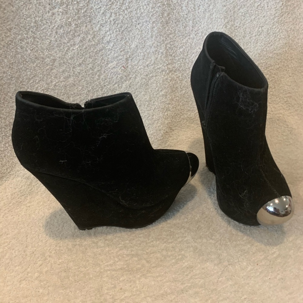 Black Wedge Ankle Boots with Silver Toe Cap